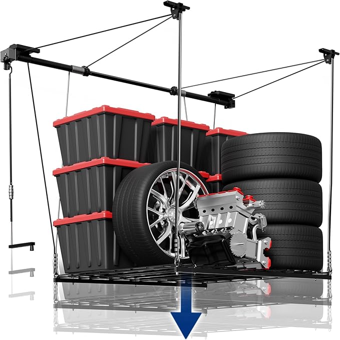 FLEXIMOUNTS Overhead Garage Storage Rack Lift, 4x4 Ft Heavy-Duty Garage Ceiling Storage Racks, Adjustable Organization System With 71'' L Axle, 350lbs Load Capacity, Flat Black