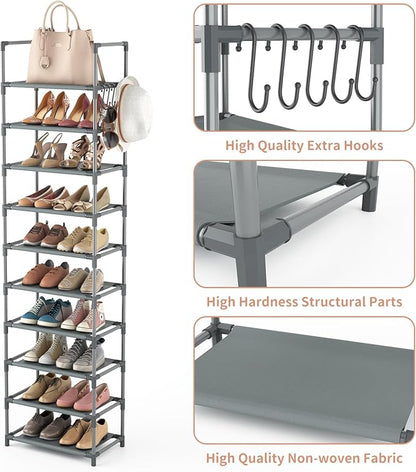 10 Tiers Tall Shoe Rack 20-25 Pairs Boots Organizer Storage Sturdy Narrow Shoe Shelf for Entryway, Closets with Hooks, Grey