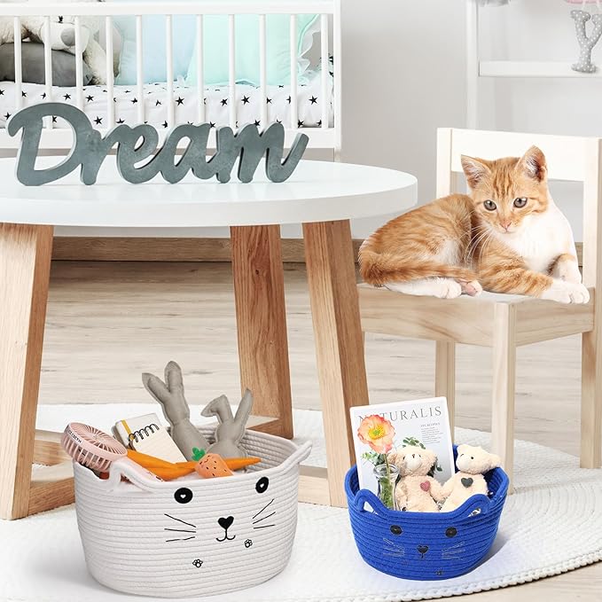 Zopeal Cat Basket Storage Woven Organizer with Ears Easter Decorative Gift Pet Toy Cute Cotton Rope Basket for Gift Cat Dog Toy Bin Nursery Room(8.3 x 4.7 Inch,Royal Blue)