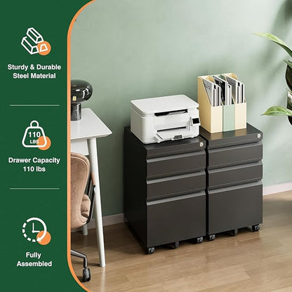 Letaya 3 Drawer Mobile File Cabinet with Lock,Under Desk Metal Filing Cabinets for Home Office Organizer Letters/Legal/A4((Fully Assembled-Black)