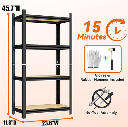 Garage Shelving Unit, Heavy Duty Adjustable Storage Shelves, Metal & Wood Pantry Shelf Organizer, 2000 lbs Capacity Shelves for Heavy Tools and Equipment, 4Tier-23.6" Wx x11.8 Dx x45.7 H