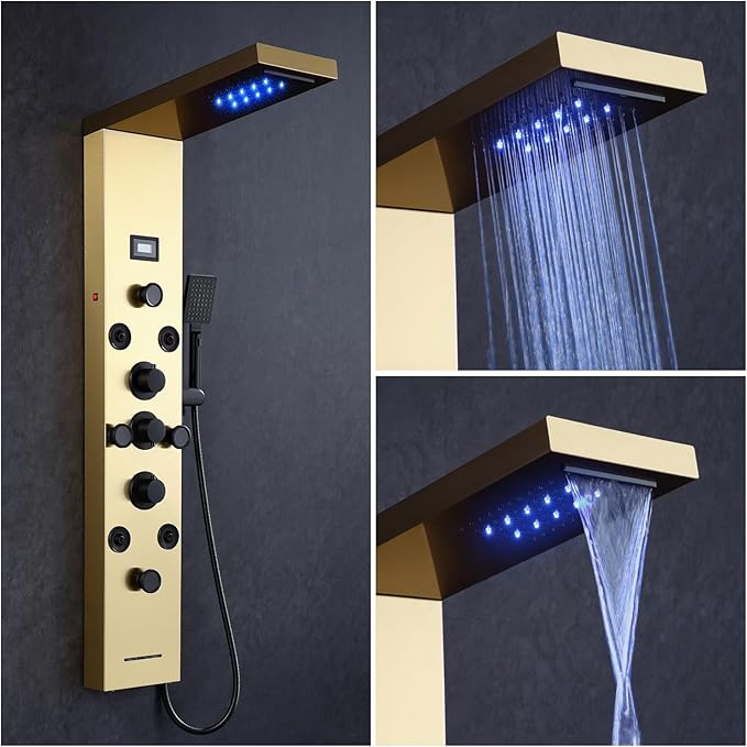POPFLY LED Rainfall Waterfall Shower Panel Tower System, 4 Body Jets and 4 Mist Spray, 3-Function Handheld Shower, Stainless Steel Shower Tower with Temp Display, Brushed Gold