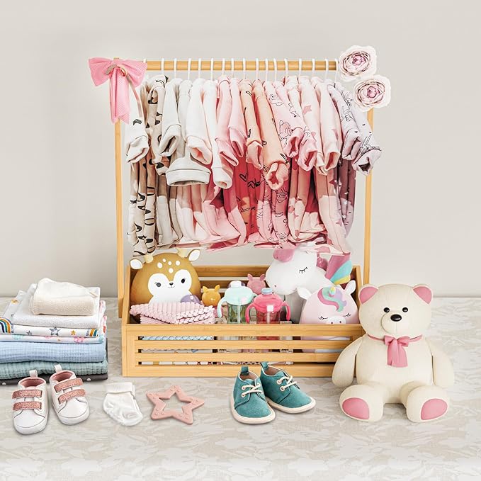Baby Clothing Rack for Toddler, Pets Clothes Rack with Storage Box & Adjustable Hanging Rod for Dogs/Cats, Baby Shower Clothes Closet Rack with Handle for Nursery Room (Natural, Baby)