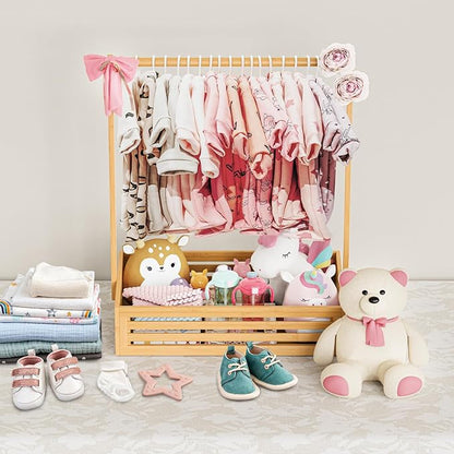 Baby Clothing Rack for Toddler, Pets Clothes Rack with Storage Box & Adjustable Hanging Rod for Dogs/Cats, Baby Shower Clothes Closet Rack with Handle for Nursery Room (Natural, Baby)