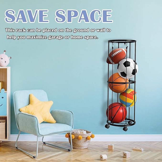 RunNico Columnar Vertical Ball Racks- 40x13.2 Inch Rolling Basketball Holder Wall Mount-Garage Sports Ball Storage for Indoor Rooms and Gyms