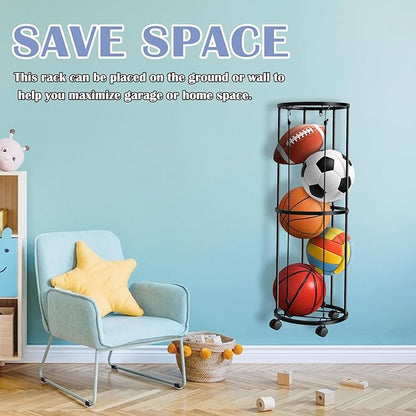 RunNico Columnar Vertical Ball Racks- 40x13.2 Inch Rolling Basketball Holder Wall Mount-Garage Sports Ball Storage for Indoor Rooms and Gyms