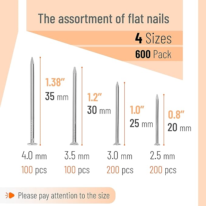 Mr. Pen- Nail Assortment Kit, 600 Pcs, 4 Sizes, Silver, Small Nails for Hanging Pictures, Finishing Nails