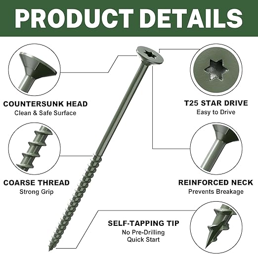 LIONMAX Deck Screws 4 Inch, Wood Screws #10 x 4, 300 PCS, Rust Resistant, Exterior Epoxy Coated, Outdoor Decking Screws, Torx/Star Drive Head Screw, T25 Star Bit Included, Green