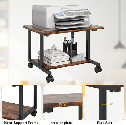 Livofloral Under Desk Printer Stand with Storage Shelf, 2-Tier Industrial Mobile Printer Table for Home and Office, Printer Stand with Wheels,Rustic Brown