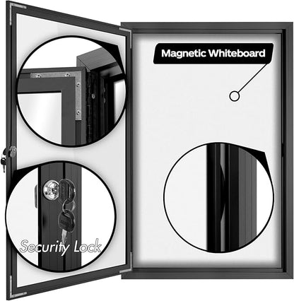 INNOVART Enclosed Bulletin Board 36”x24”, Lockable Dry Erase Noticeboard with Black Aluminum Frame, Outdoor Enclosed Whiteboard Weatherproof, Wall Display Case with Swing-Open Door Information Cabinet