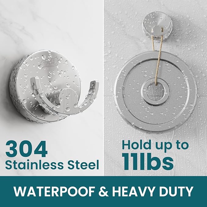 TAILI 304 Stainless Steel Bathroom Suction Hooks for Towel, Bathrobe, Loofah, Patented Strong Suction Cup Holder, No Damage Hanging Glass Shower Wall Hook, Double-Hook Sleek Design, 2 Pack, Silver