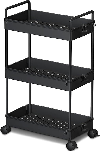 Ronlap 3 Tier Slim Rolling Storage Cart with Wheels Plastic Utility Cart Organizer for Snack Craft Art Postpartum Baby Diaper Nail Makeup in Bathroom Laundry Room Kitchen Bedside Narrow Space, Black