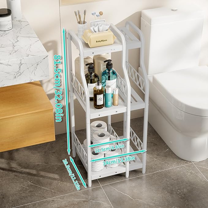 HapiRm Bathroom Shelf Unit Organizer - 3 Tier Expandable Narrow Shelf, Metal Free-Standing Shelves, Open Floor Rack Slim Storage Cabinet, Ideal for Bathroom, Laundry, Kitchen Organization (White)