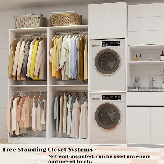 Closet System, 6FT Wood Closet Organizer System Small Walk-in Closet Freestanding Corner Closets Shelf Storage with 9 Hanging Rods, Modular Closet Systems White (6FT)