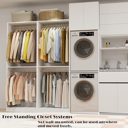 Closet System, 6FT Wood Closet Organizer System Small Walk-in Closet Freestanding Corner Closets Shelf Storage with 9 Hanging Rods, Modular Closet Systems White (6FT)