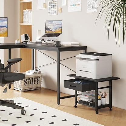 YAOHUOO 22"x15" Large Printer Stand with Storage Drawer, 2-Tier Under Desk Printer Table for Home Office, Printer Cart fit Fax Machine/3D Printer/Scanner(Black)