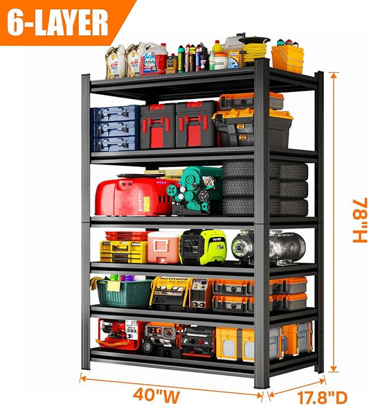 40"W 6-Tier Metal Garage Shelving Unit, Heavy Duty Storage Shelves, Adjustable Shelving Unit 3500lbs Capacity, Garage Shelf Rack Organizer for Kitchen Warehouse Pantry Basement, 78"H*18"D, Black