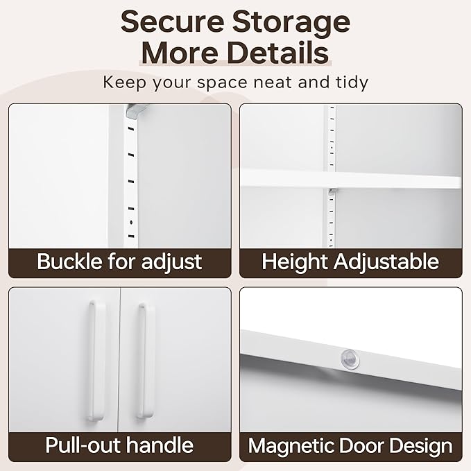 Metal Storage Cabinet with Lock, 71" White Garage Cabinets with 2 Doors and 5 Adjustable Shelves, Steel Locking Caninets Tall Tool Utility Caninet, Lockable File Cabnet for Home Office, Pantry