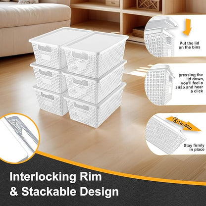 Plastic Storage Baskets with Lids [6-Pack] – Stackable Organizing Bins with Secure Snap-On Lids for Pantry, Bathroom & Closet | 11"x7"x5" Bins Hold 25lbs, Dustproof & Water-Resistant, White