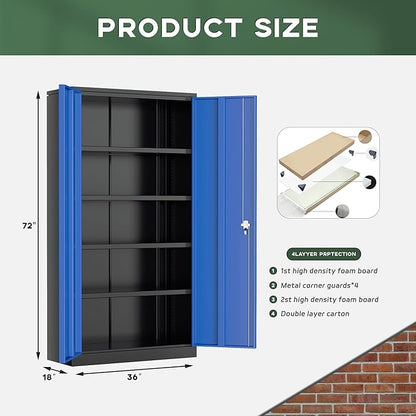Greenvelly Metal Garage Storage Cabinet, 72" Black Blue Tool Steel Locking Cabinet with Doors and 4 Shelves, Tall Cabinets for Garage Storage Systems Lockable File Cabinet for Home Office,Garage