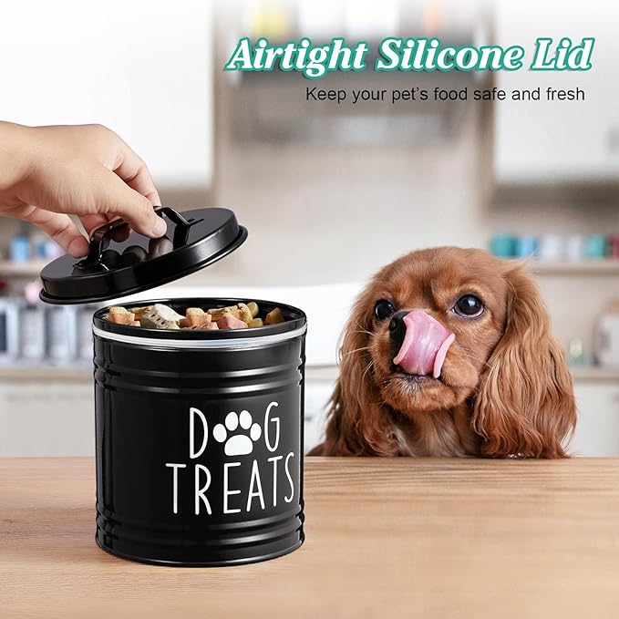 Large Dog Treat Container Airtight - 6.6" Tall X 6" Round Black Dog Treat Jar for Kitchen Counter - Rustic Treat Storage Canister for Dogs, Cats, Small Animals