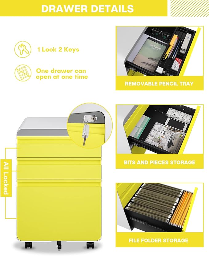 Dripex 3 Drawer File Cabinet, Metal Filing Cabinets with Lock Wheels & Hanging Rail for A4/Legal/Letter File, Anti-tilt Under Desk Design, Lockable Rolling Mobile File Cabinet for Home Office (Yellow)
