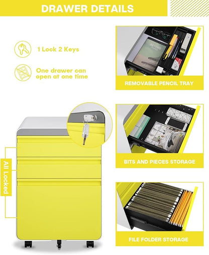 Dripex 3 Drawer File Cabinet, Metal Filing Cabinets with Lock Wheels & Hanging Rail for A4/Legal/Letter File, Anti-tilt Under Desk Design, Lockable Rolling Mobile File Cabinet for Home Office (Yellow)