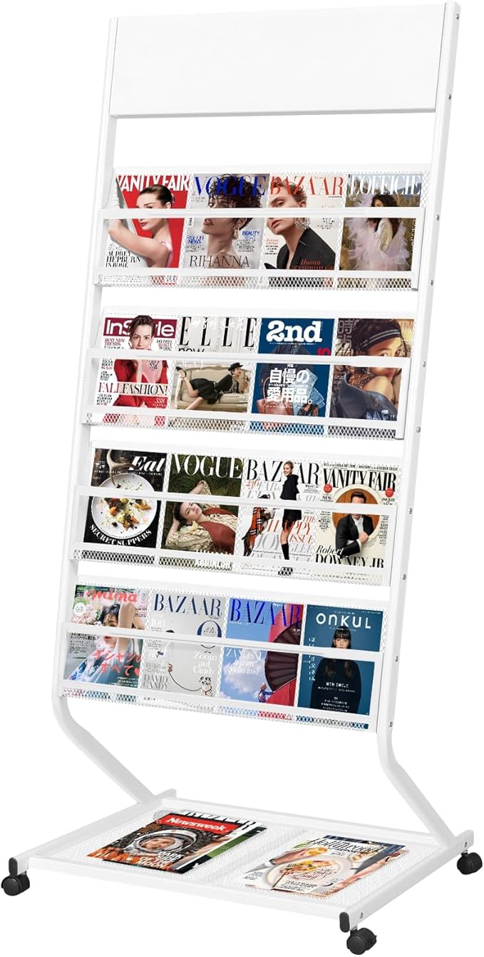 4-Tier Rolling Magazine Rack, Floor Standing Brochure & Literature Display Stand, 23.4" Wide, White