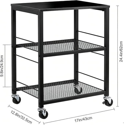 MOOACE 3 Tier End Table with Wheel, Rolling Storage Shelf Side Table Nightstand for Bedroom Kitchen Living Room Office, Stable Metal Frame and Wood Top, Black