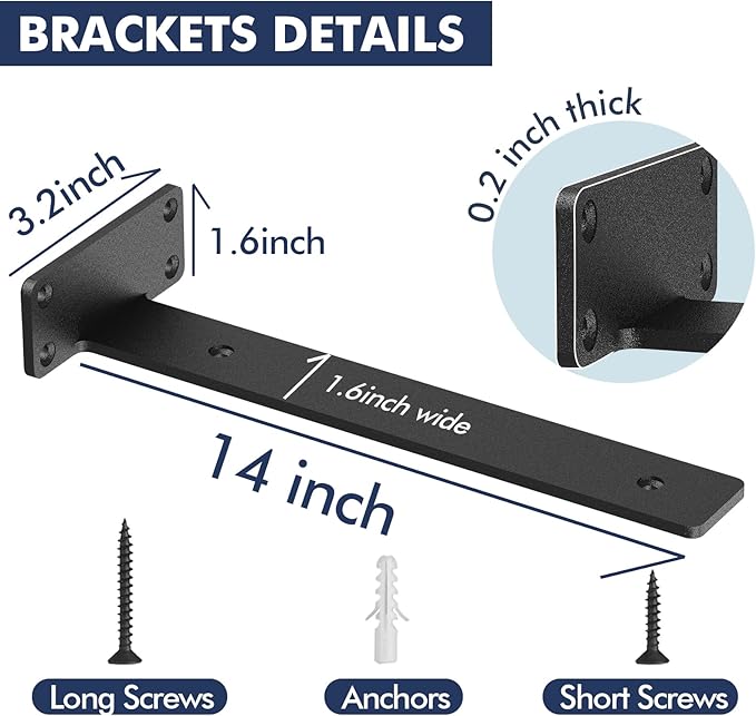 6 Pack Floating Shelf Brackets,14 inch Heavy Duty Industrial Shelf Bracket, Black Metal L Brackets for Shelves Support DIY(1/5 Inch Thicked)