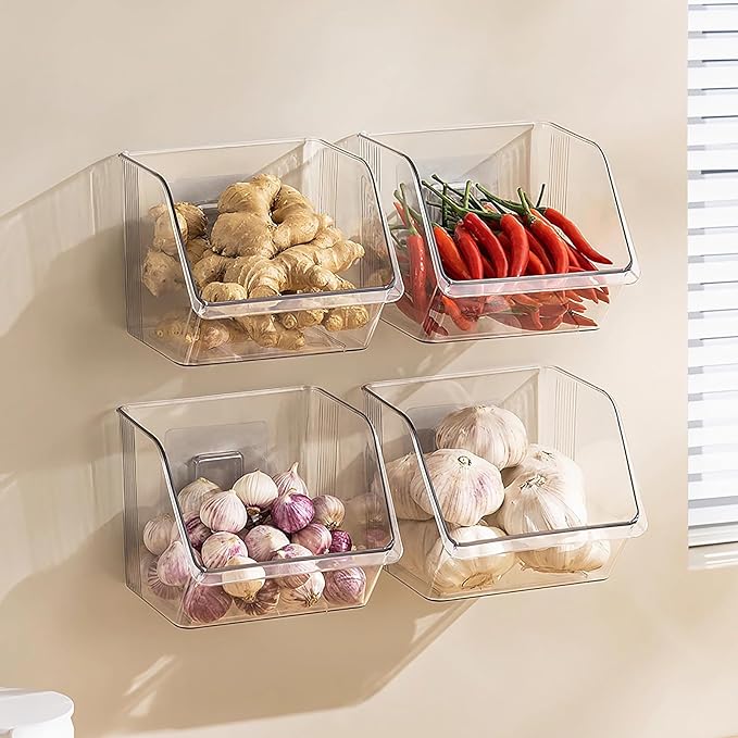 Garlic Keeper Storage Ginger Container, 3-Pack Small Clear Acrylic Bins with Adhesive, No-Drill Wall Mounted or Countertop Baskets for Kitchen, Pantry, Cabinet Organization