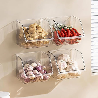 Garlic Keeper Storage Ginger Container, 3-Pack Small Clear Acrylic Bins with Adhesive, No-Drill Wall Mounted or Countertop Baskets for Kitchen, Pantry, Cabinet Organization