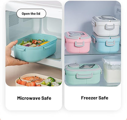 Adults Bento Lunch Box,Salad Container Large 43oz Salad Bowl, Bento-Style Tray for Toppings, 3oz Sauce Container for Dressings, and Built-In Reusable Fork (Pink)