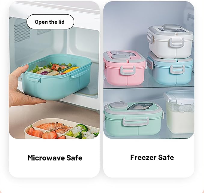 Adults Bento Lunch Box,Salad Container Large 43oz Salad Bowl, Bento-Style Tray for Toppings, 3oz Sauce Container for Dressings, and Built-In Reusable Fork (Blue)