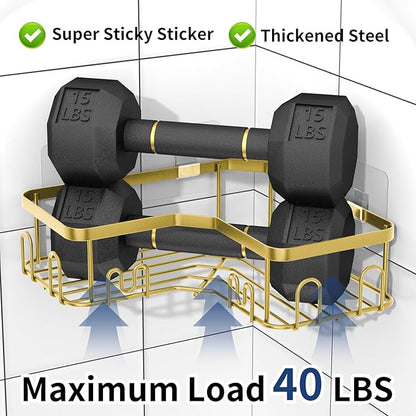 Menbyci 3 Pack Corner Shower Caddy, Adhesive Bathroom Shelves with 18 Hooks, Drill-Free & Quick-Dry Shower Organizer with Large Capacity, Rustproof Stainless Steel Bathroom Corner Storage Rack, Gold