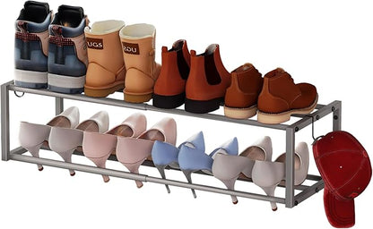 Expandable Wall Mounted Shoe Rack, 17"-31" Adjustable Hanging Shoe Rack Holds 8 Pairs, Heavy Duty Metal Shoe Holder with 2 Storage Hooks, Space Saving for Entryway Closet Doorway（Grey）