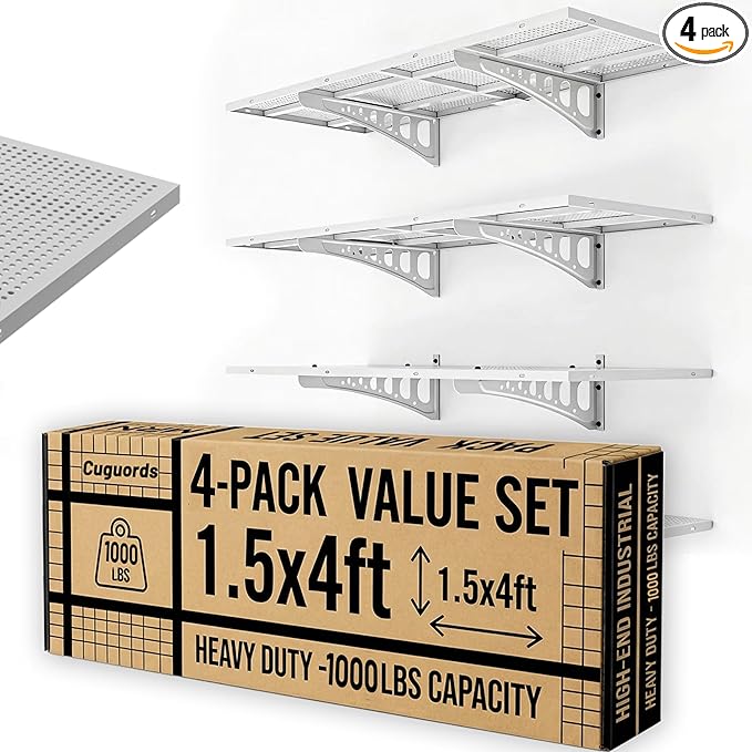 4-Pack 1.5x4ft Garage Wall Storage, 1000 Lbs Garage Wall Shelves, Ultimate Flat Metal Rack with Complete Install Kit, White