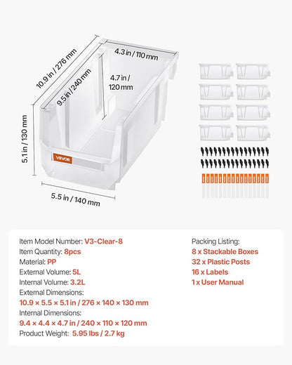 VEVOR Plastic Stackable Storage Bins, 10.9 x 5.5 x 5.1 inch (8 Pack), Plastic Containers for Organizing & Storage Bins for Closet, Garage, Small Parts, Office Supplies, Other Accessories, Transparent