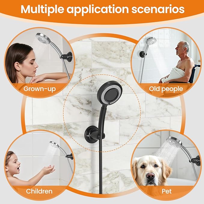 Strong Suction Cup Shower Head Holder - No Drill Handheld Shower Bracket for Seniors, Kids & Pets, Tool-Free Adjustable Height Bathing Aid for Tile/Glass, Rustproof ABS Construction