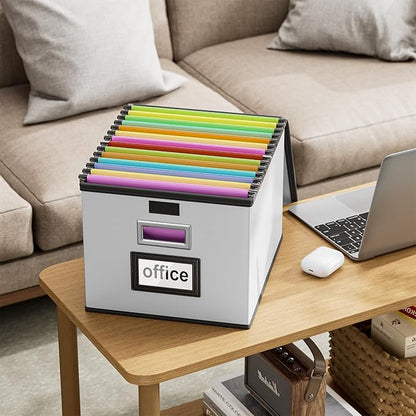Huolewa Portable Leather File Organizer Boxes with Lids, Collapsible File Folder Organizer Boxes, Decorative Small Filing File Cabinet for Home/Office, Easily Store Documents/Hanging File Folders