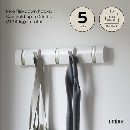 Umbra Flip Wall-Mounted Coat Rack with 5 Hooks – Modern, Space-Saving Storage for Hats, Jackets, Bags, Entryway, Mudroom, Closet, Bathroom, Bedroom – White/Nickel