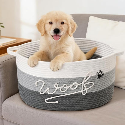 Woof Dog Toy Basket with Handles, Large Dog Toy Storage Bin with Paw Print, Woven Dog Basket for Blankets, Toys, Chews, Pet Toy Box for Nursery, Living Room, Bedroom, 17”x12”x9, Grey