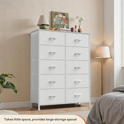 Sweetcrispy 10 Drawer Fabric Dresser Storage Tower with Bins, Tall Chest Organizer for Bedroom Closet Hallway, Steel Frame Wood Top Easy Pull Handles,White