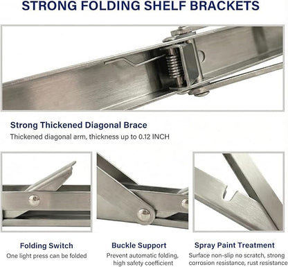 Folding Shelf Brackets Stainless Steel, 16 Inch 2 Pcs Heavy Duty Shelf Brackets, Collapsible Brackets for Bench Table, Wall Mounted Folding Table Brackets Space-Saving