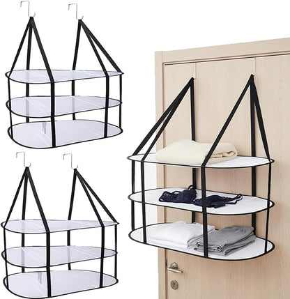 CINPIUK 2 Pcs 3-Tier Sweater Drying Rack Over The Door, Foldable Mesh Hanging Dryer Flat with Hooks, Large Breathable Laundry Drying Hanger, Clothes Lay Flat Dryer for Apartments Dorms Bathrooms