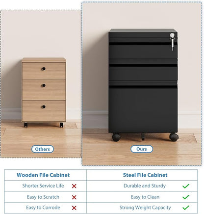 3 Drawer Mobile File Cabinet with Lock,Under Desk Rolling File Cabinet for Home Office Fits Legal/Letter/A4 File (Unassembled,Black)