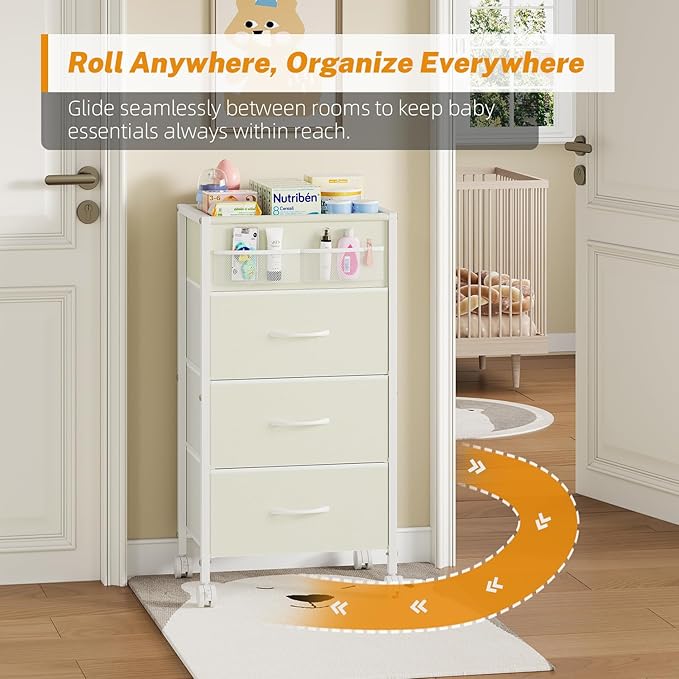 4-Tier Baby Diaper Caddy Organizer Cart with 3 Storage Drawers, Rolling Cart with Dividers & Side Pockets for Nursery, Baby Essentials, Toys, Wipes & Creams, Portable Baby Storage Cart & Station