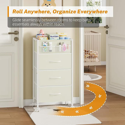 4-Tier Baby Diaper Caddy Organizer Cart with 3 Storage Drawers, Rolling Cart with Dividers & Side Pockets for Nursery, Baby Essentials, Toys, Wipes & Creams, Portable Baby Storage Cart & Station