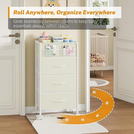 4-Tier Baby Diaper Caddy Organizer Cart with 3 Storage Drawers, Rolling Cart with Dividers & Side Pockets for Nursery, Baby Essentials, Toys, Wipes & Creams, Portable Baby Storage Cart & Station