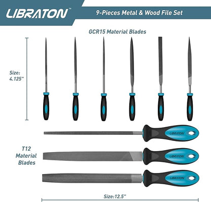 LIBRATON Metal Files - 9pc Set, Needle, Flat, Round, Half-Round Files for Metal & Woodworking